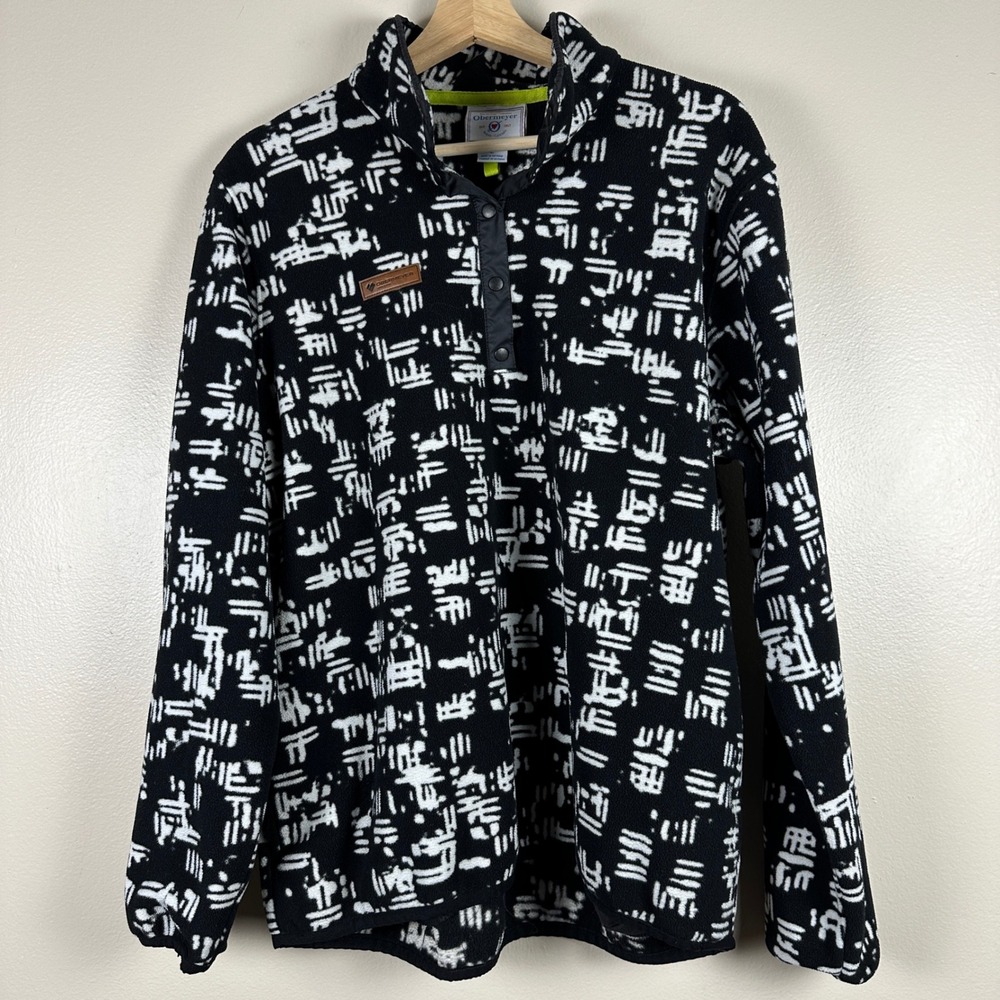 Obermeyer Men's Large Fleece Pullover Black White Abstract Snap Neck